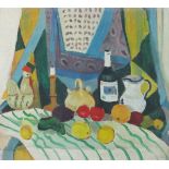 Horas KENNEDY (British 1917-1997) Still Life with Fruit, Wine Bottle and Casserole, Oil on board,