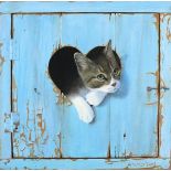 Alan WESTON (British b. 1951) Tibbles - kitten climbing through a door aperture, Oil on board, Tromp