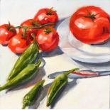 Colin BROWN (British b. 1957) Still Life with Tomatoes and Green Chilli, Oil on board, Signed with