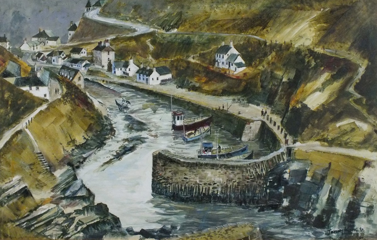 Jeremy KING (British b. 1933) Boscastle, Ink and oil on board, Signed and dated '80 lower right,