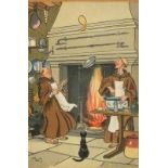 Harry ELIOTT (French 1882-1959) Two Monks making Pancakes, Lithograph, 6" x 4" (15cm x 10cm),