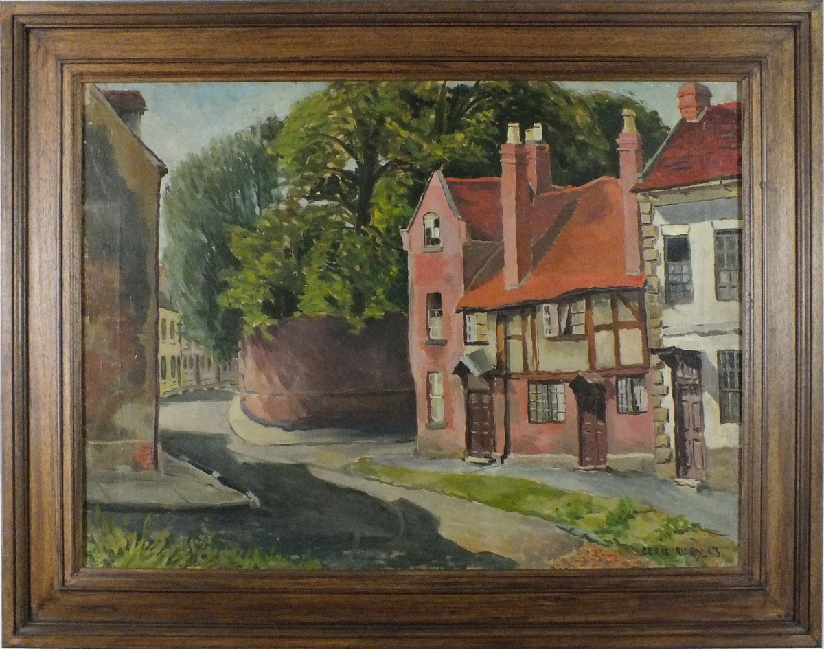 Cecil RILEY (British 1917-2015) Village Street - Warwick, Oil on canvas, Signed and dated '43 - Image 2 of 2