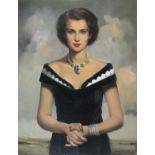 Malcolm HAYLETT (British 1923-2000) Elegant Woman Wearing Blue Velvet Dress and Ruby Jewellery,