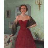 Malcolm HAYLETT (British 1923-2000) Woman Wearing a Red Dress and Mink Stole, Oil on canvas,