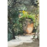 20th Century French School Terracotta Urn in a Garden, Watercolour, 11.5" x 7.5" (29cm x 19cm)