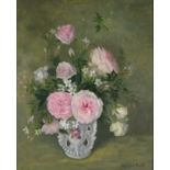 Angela Veronica HUTT (British 20th Century) Pink Roses in a Vase, Oil on canvas, Signed lower right,