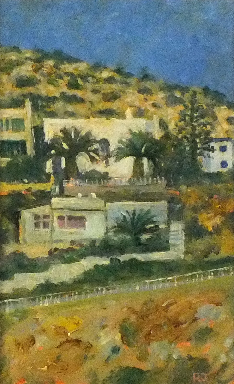 Robert JONES (British b. 1943) In the Aegean, Houses and Palms, Agathonision, Oil on canvas board,