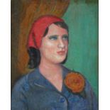 William (Bill) PENROSE (British 20th century) Woman with a Red Headscarf, Oil on canvas, Signed