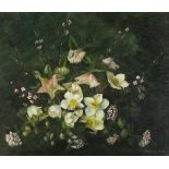 Angela Veronica HUTT (British 20th Century) Dog Roses and Summer Flowers  on a Mossy Ground, Oil