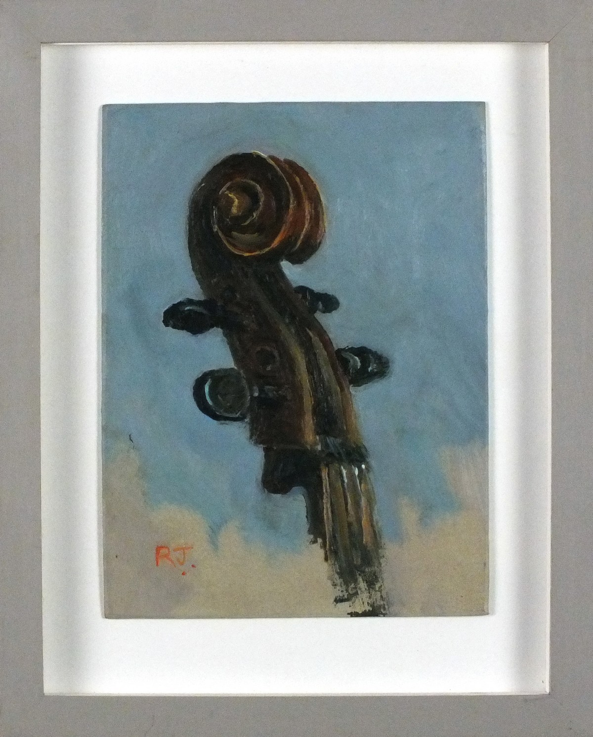 Robert JONES (British b. 1943) Cello Scroll, Oil on board, Signed with initials lower left, titled - Image 2 of 2