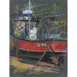 Geoffrey UNDERWOOD (British 1927-2000) Fishing Vessels Low Tide Lelant, Pastel on paper, Signed
