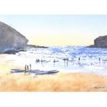 Julia PASCOE (British b. 1967) Evening Surfers at Portreath, Watercolour, Signed lower right, signed