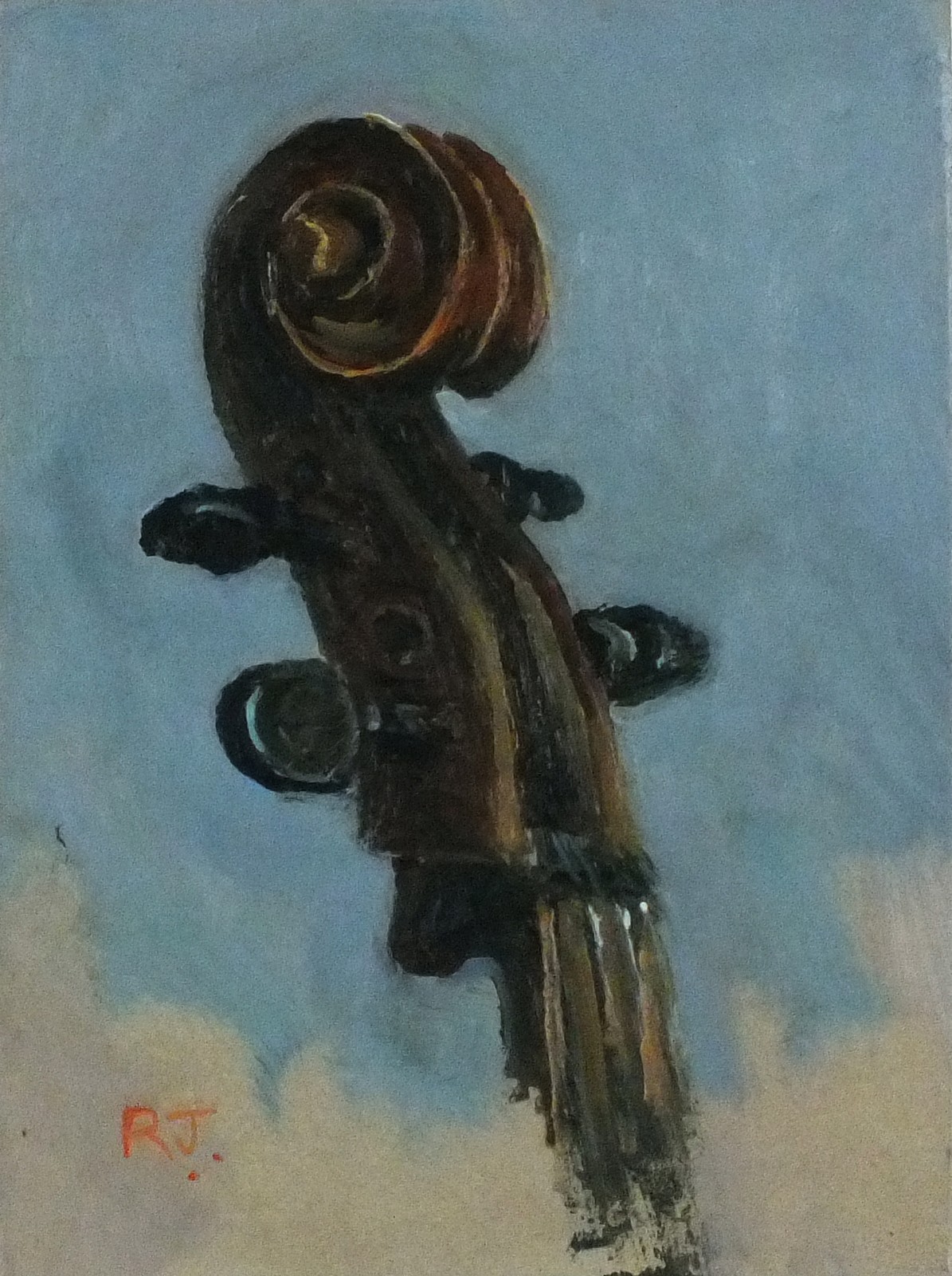 Robert JONES (British b. 1943) Cello Scroll, Oil on board, Signed with initials lower left, titled