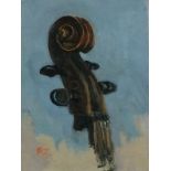Robert JONES (British b. 1943) Cello Scroll, Oil on board, Signed with initials lower left, titled