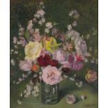 Angela Veronica HUTT (British 20th Century) Roses and Summer Flowers in a Vase, Oil on canvas,