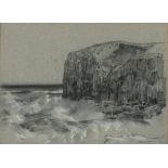 Tom NICHOLAS (20th Century) Cliffs and Rough Seas, Chalk on grey paper, Signed lower right, 9.5" x