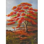 N A DAVID (19th/20th Century) Cassia Tree, Oil on board, Signed lower left, inscribed verso 13.75" x