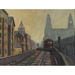 Attributed to Ken LITTLER (British b. 1925)  Royal Liver Building viewed for the Overhead Railway,