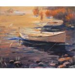 Rita JONES (British 20th Century) Moored Rowing Boats, Over-painted print on canvas, 19.75" x 24" (