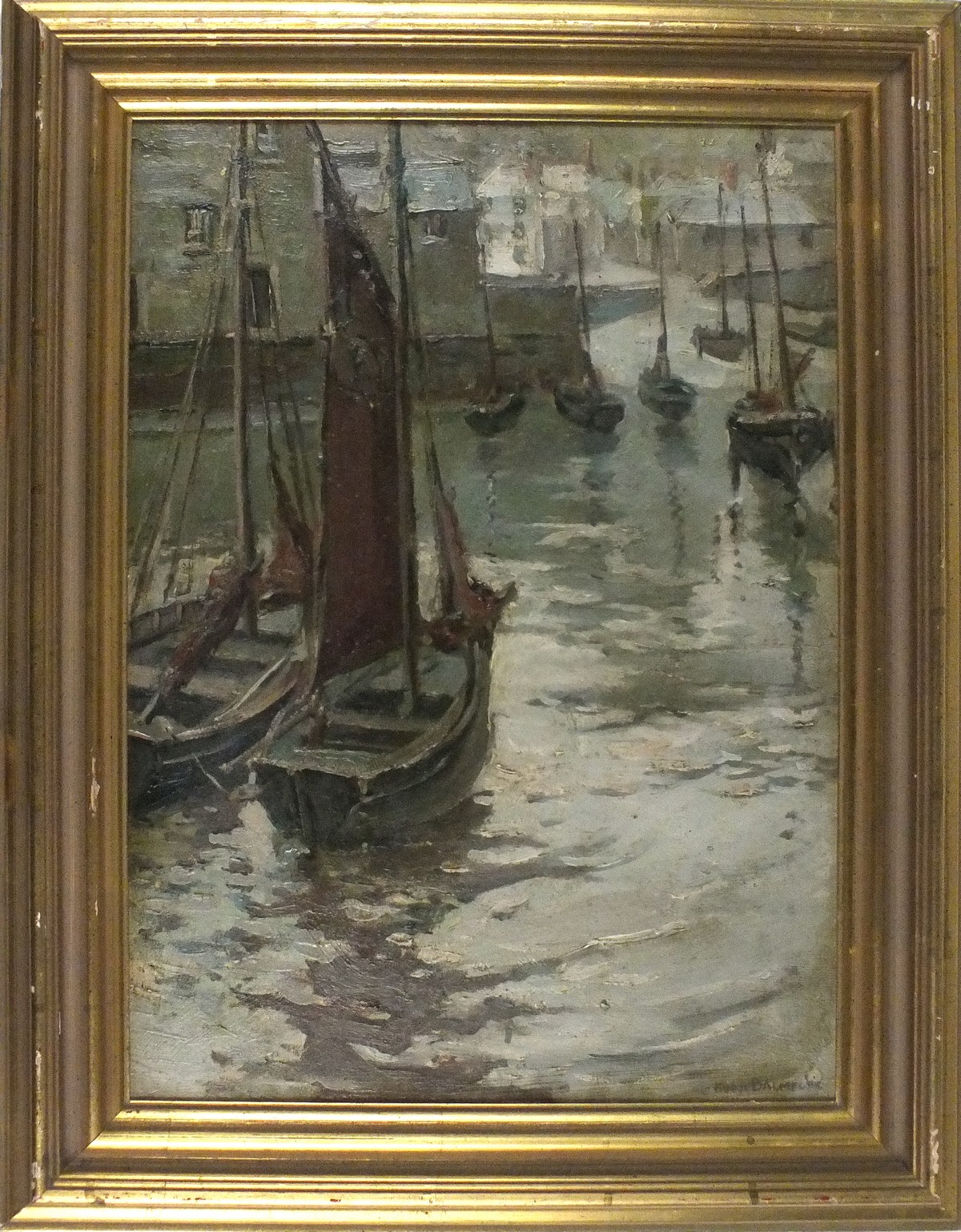 Hurst BALMFORD (British 1871-1950) Quite Harbour - Polperro, Oil on board, Signed lower right, 21. - Image 2 of 2