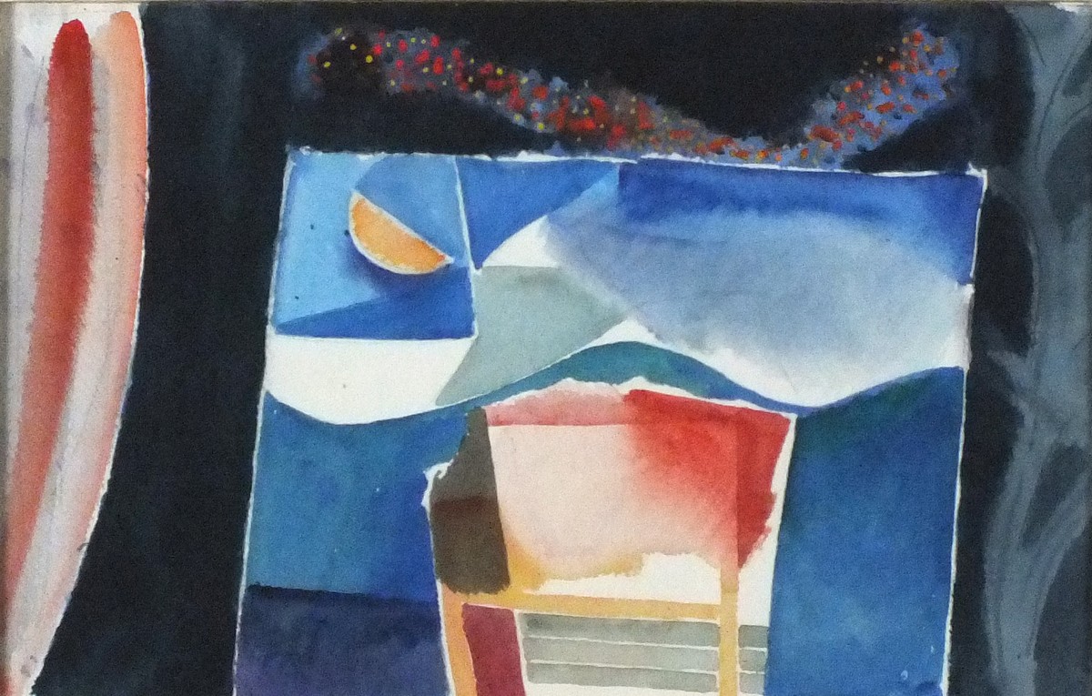 Clive BLACKMORE (British b. 1940) Set for Marionettes with Moon, Watercolour, Label verso with