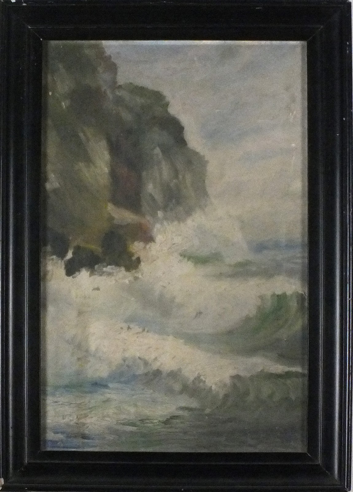 19th Century British school, Heavy Sea and Rocky Coastline, Oil on canvas, Inscribed with initials W - Image 2 of 2