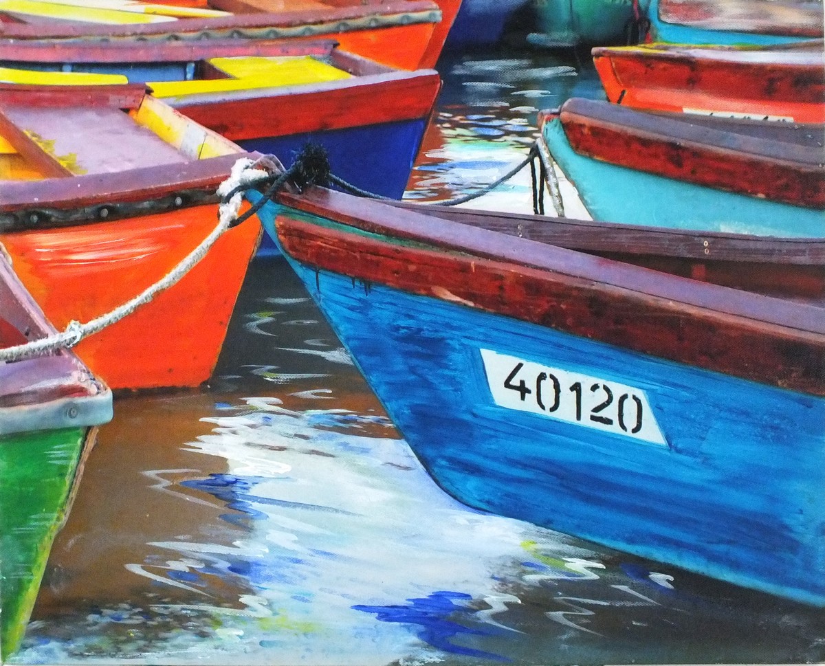 Rita Jones (British 20th Century) Moored Boats, Augmented oleograph, 15.75" x 19.75" (40cm x 50cm)