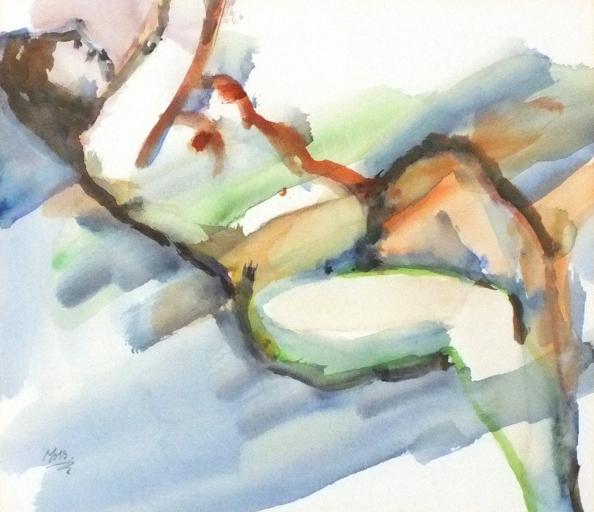 MOSS (20th Century) Reclining Nude, Watercolour, Signed lower left, 10.5" x 12.25" (27cm x 31cm)