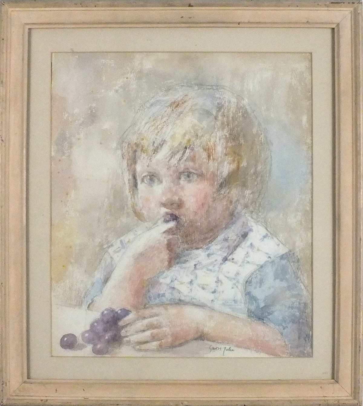 20th Century British School, Portrait of a young Girl eating Grapes, Watercolour & pencil, Bearing - Image 2 of 2