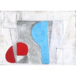 20th Century British School, Abstract - red & blue shapes on a grey ground, oil on board, Partial