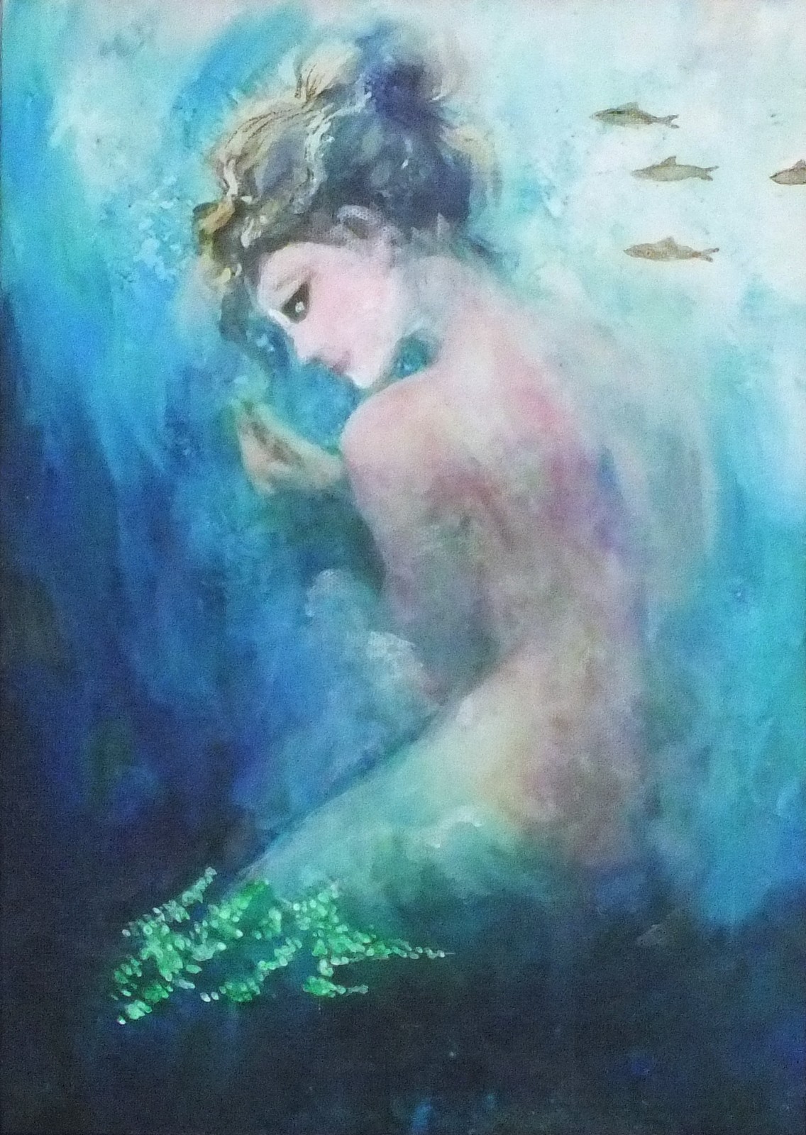 Tess JONES (British b. 1934) Mermaid with Fish, Mixed media, 12.25" x 8.25" (31cm x 21cm)