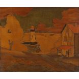 20th Century marquetry panel,  the scene showing cottage beside a road leading to a lighthouse and