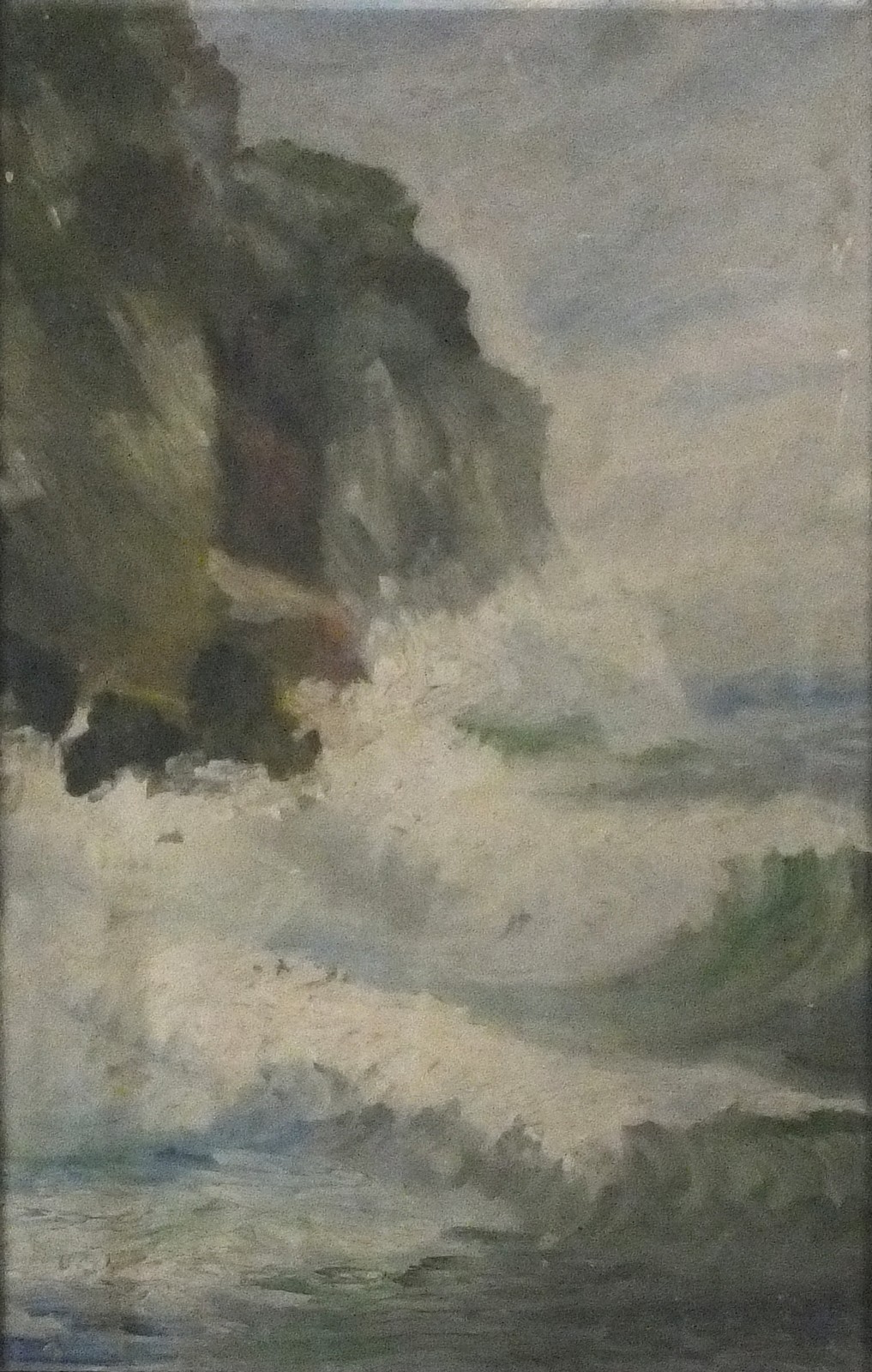 19th Century British school, Heavy Sea and Rocky Coastline, Oil on canvas, Inscribed with initials W