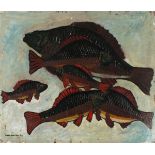 Geoffrey UNDERWOOD (British 1927-2000) Six Carp, Oil on board, Signed and dated '55 lower left, 24.