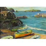 Dan TUTTON (British 20th Century) Mullion Harbour and Island, Oil on board, Indistinctly signed