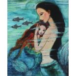 Tess JONES (British b. 1934) Mermaid with Child and Grey Fish, Mixed media, 18" x 14.25" (46cm x