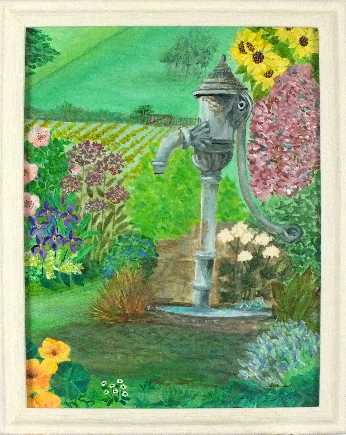 Tess JONES (British b. 1934) Vintage Corner - cast iron water pump, Acrylic on board, Signed and - Image 2 of 2