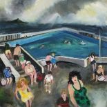 Gill WATKISS (British b. 1938) Jubilee Pool Penzance, Oil on board, Signed lower left, 15.75" x 15.