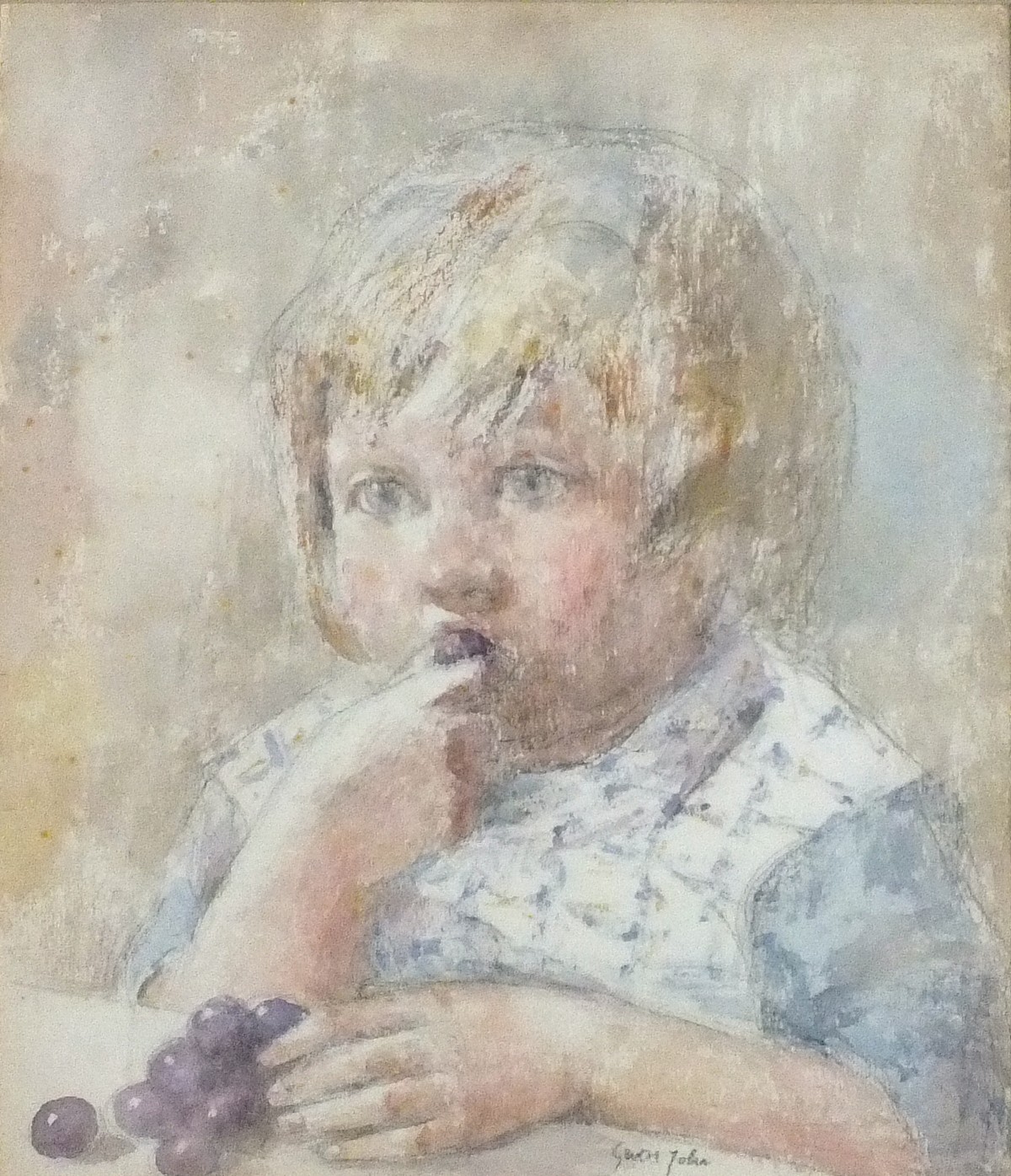 20th Century British School, Portrait of a young Girl eating Grapes, Watercolour & pencil, Bearing