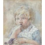 20th Century British School, Portrait of a young Girl eating Grapes, Watercolour & pencil, Bearing