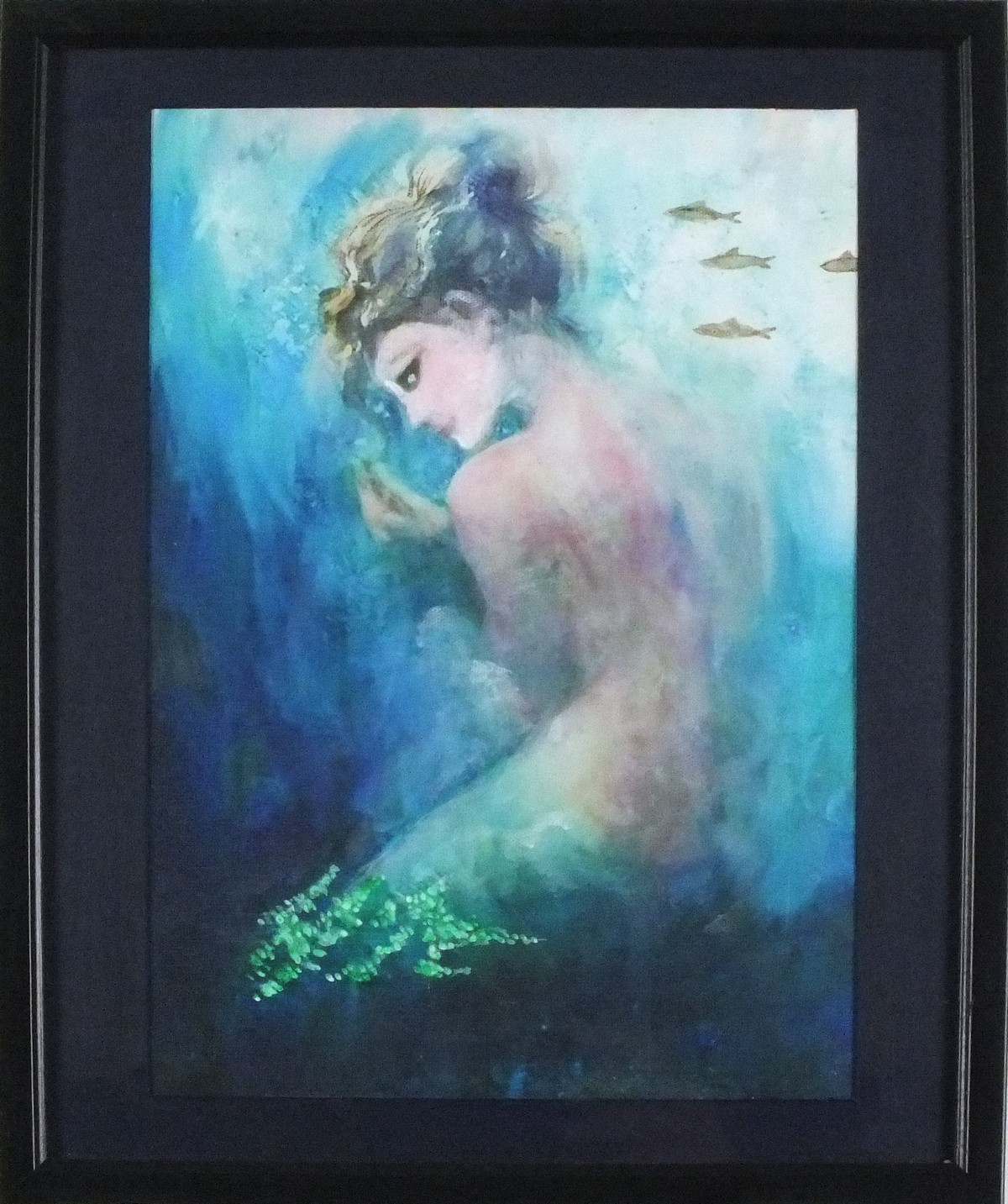Tess JONES (British b. 1934) Mermaid with Fish, Mixed media, 12.25" x 8.25" (31cm x 21cm) - Image 2 of 2