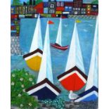 Tess JONES (British b. 1934) No Wind Today - yachts in a harbour, Acrylic on board, Signed and dated