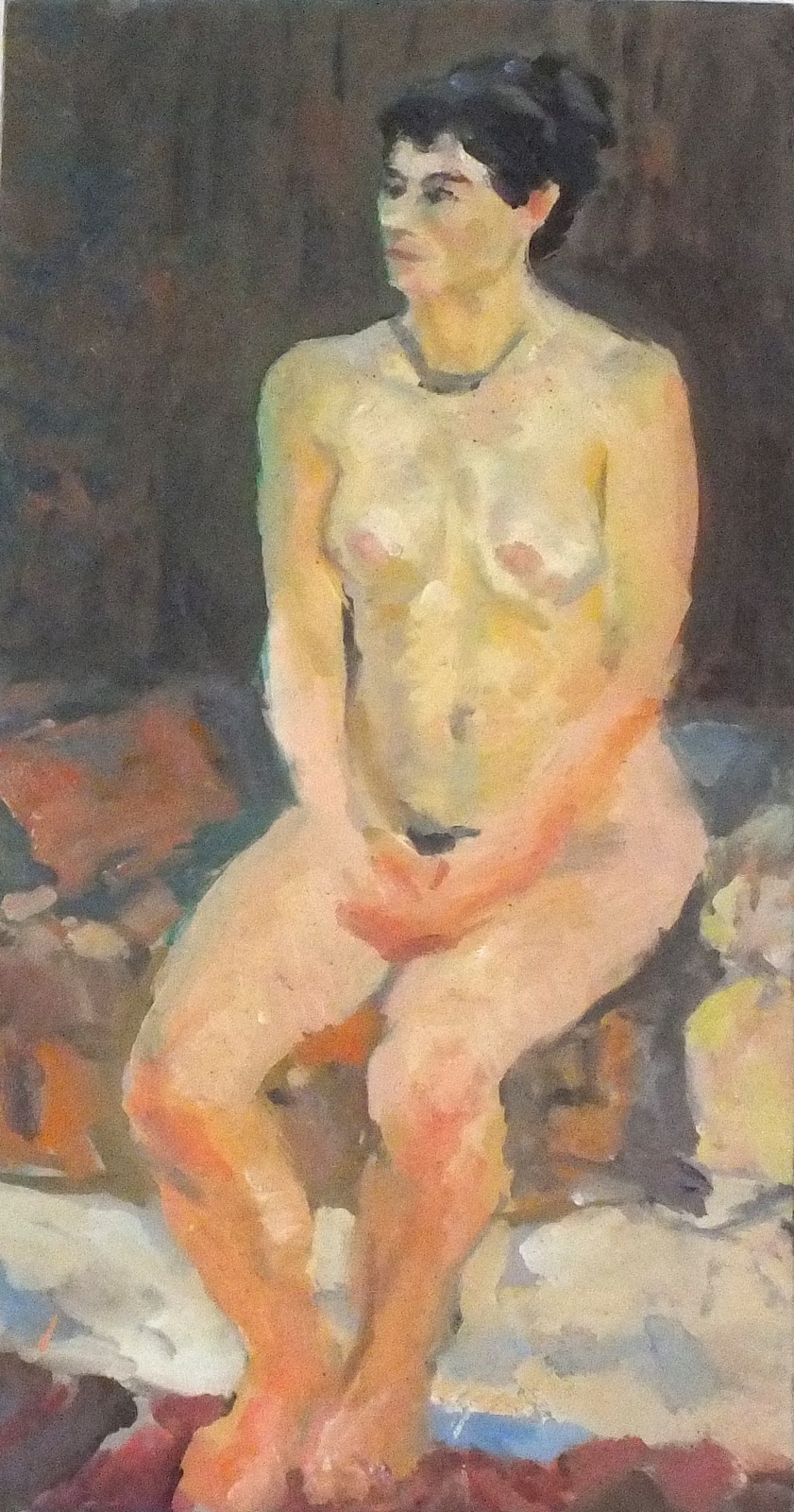 John HARVEY (British b. 1936) Nude Study - seated on a couch hands clasped, Oil on board, 19.75" x