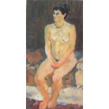 John HARVEY (British b. 1936) Nude Study - seated on a couch hands clasped, Oil on board, 19.75" x