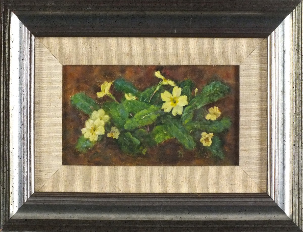 Jean MARRIOTT (British 20th Century) Primroses II, Oil on board, Signed with initials lower right, - Image 2 of 2