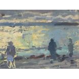 John HARVEY (British b. 1936) Figures on the Foreshore at Dusk, Oil on board, 8" x 10.75" (20cm x