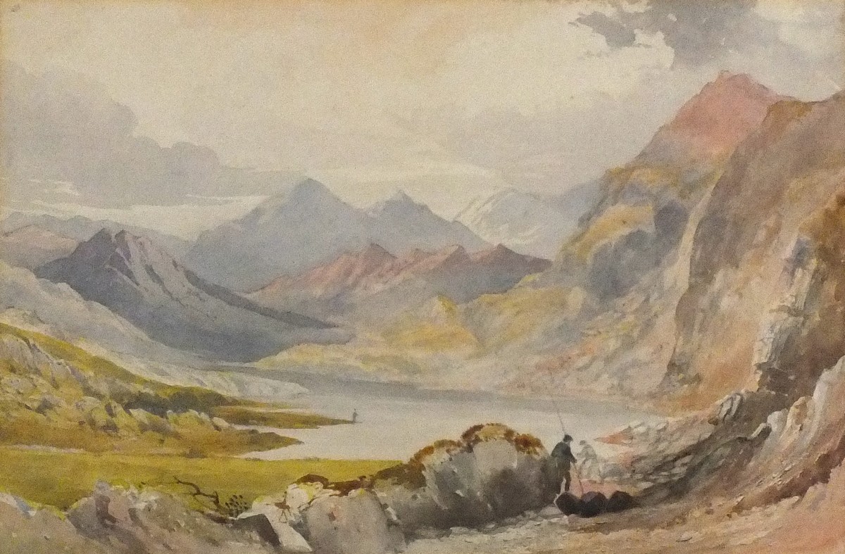 19th Century British School Figures in a Mountainous Landscape, Watercolour, 9.5" x 14.25" (24cm x