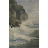 19th Century British school, Heavy Sea and Rocky Coastline, Oil on canvas, Inscribed with initials W