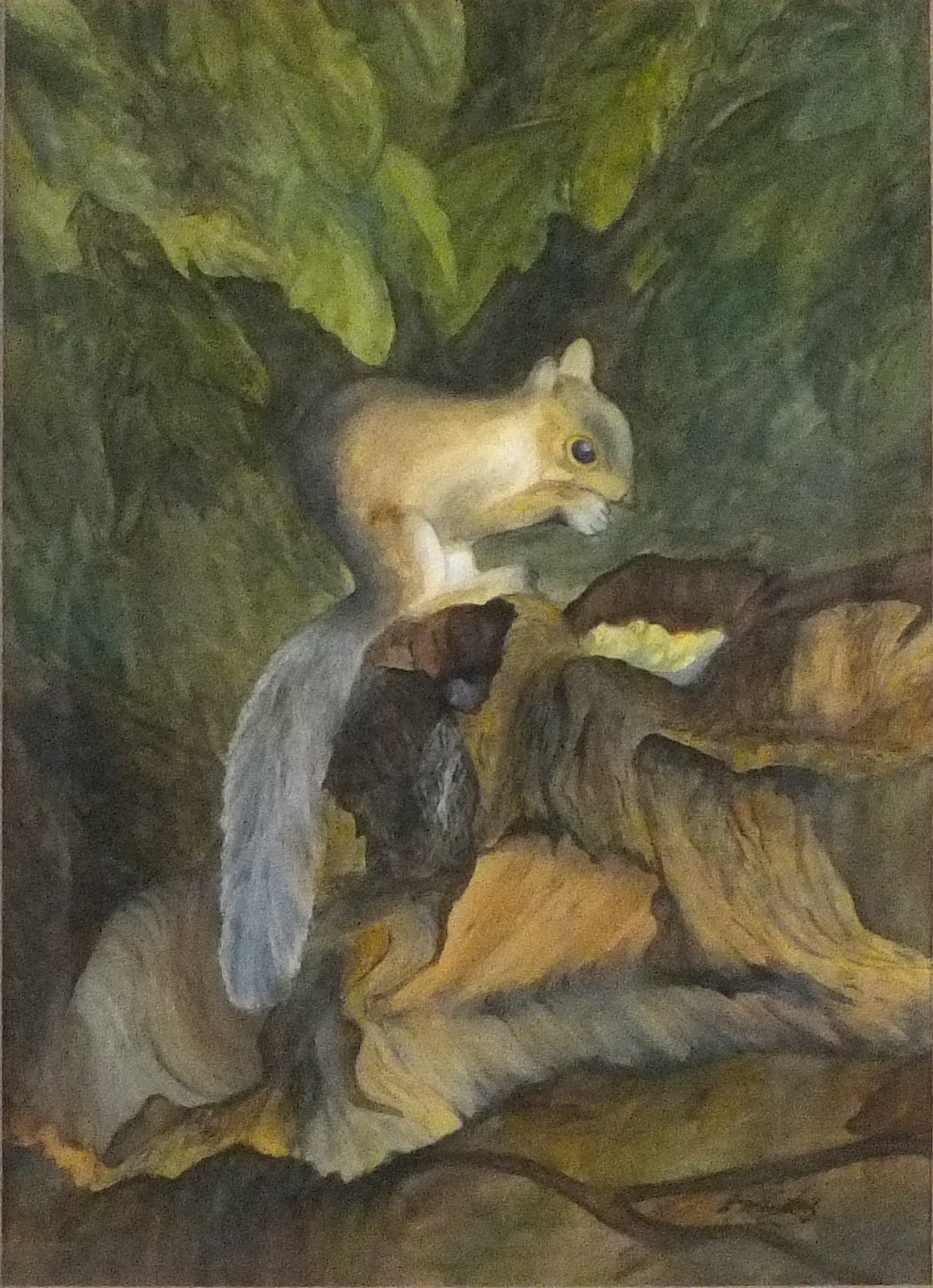 E G BAKER (20th Century British) Time of Plenty - squirrel on a stump, Watercolour, Signed lower