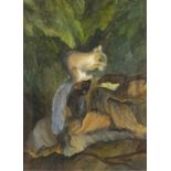 E G BAKER (20th Century British) Time of Plenty - squirrel on a stump, Watercolour, Signed lower